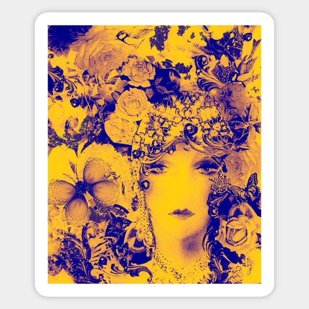 MUSTARD YELLOW AND INDIGO VIOLET ART DECO FLAPPER, BIRDS,BUTTERFLIES AND ROSES Sticker by jacquline8689